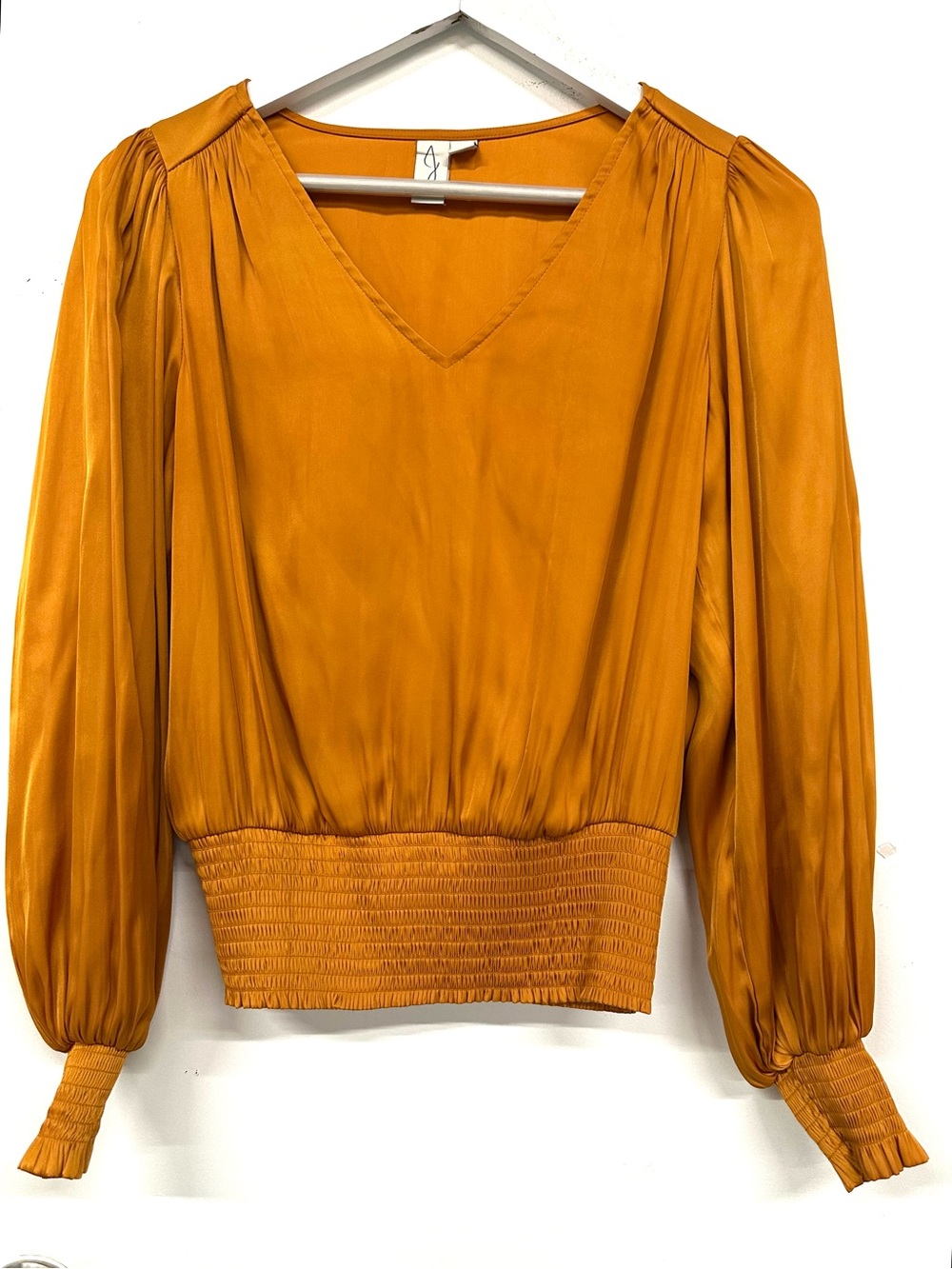Joie Boho Satin Peasant Blouse Vneck smocked S Party puff sleeve Party Office